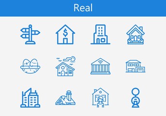 Premium set of real line icons. Simple real icon pack. Stroke vector illustration on a white background. Modern outline style icons collection of Building, Skyscraper, Street, House, Nest