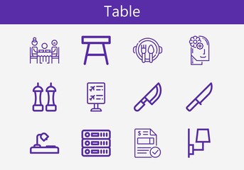 Premium set of table line icons. Simple table icon pack. Stroke vector illustration on a white background. Modern outline style icons collection of Salt, Flight information, Knife, Invoice