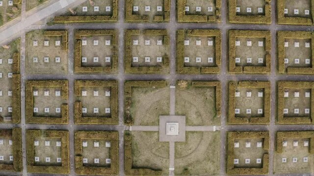 Aerial view of a symmetrical cemetery. Abstract background, maze. Outside architecture, mysterious place.