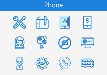 Premium set of phone line icons. Simple phone icon pack. Stroke vector illustration on a white background. Modern outline style icons collection of Bus, Call center, Messages, Phone, No camera