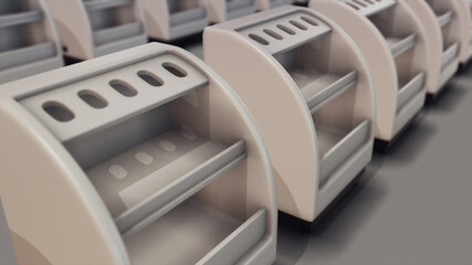 3d rendered illustration of Empty display cooler fridges in a row. High quality 3d illustration