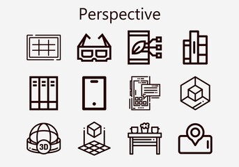 Premium set of perspective [S] icons. Simple perspective icon pack. Stroke vector illustration on a white background. Modern outline style icons collection of 3d cube, Sphere, Table, Grid