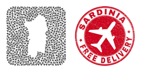 Vector collage Sardinia map of airliner elements and grunge Free Delivery seal stamp. Collage geographic Sardinia map designed as subtraction from rounded square with coming out air planes.