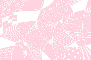 Abstract ornamental doodle banner. White stains, dots, line, cell on gentle pink background. Geometric abstract shapes in patchwork. Hand drawn Striped triangular tiles. Vector decorative illustration