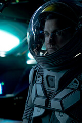 Portrait of Caucasian male astronaut inside spaceship cockpit. Sci-fi space exploration concept
