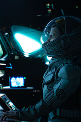 Portrait of Caucasian male astronaut inside spaceship cockpit. Sci-fi space exploration concept © supamotion