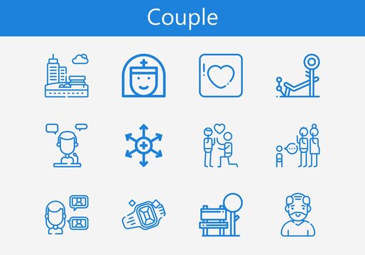 Premium set of couple line icons. Simple couple icon pack. Stroke vector illustration on a white background. Modern outline style icons collection of Bench, Parenthood, Nun, Ring, Old man, Badoo
