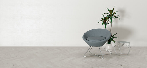 Minimalist Modern Bright Room Chevron Wood Floor With Empty Comfy Chair Lounge And Green Plant Coffee Table Empty Space 3D Rendering