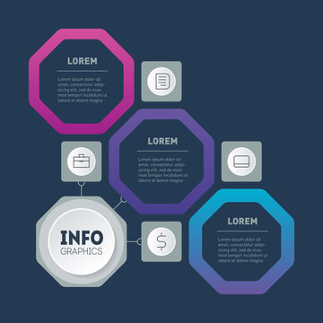 Business presentation with 3 options and 4 icons. Web Template of tree or info chart. Infographic of technology or education process with three steps. Octagons. Brochure design template.