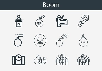 Premium set of boom line icons. Simple boom icon pack. Stroke vector illustration on a white background. Modern outline style icons collection of Superhero, Dynamite, Dinamite, Speech, Grenade