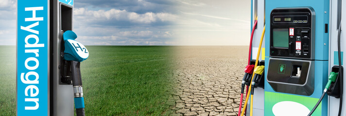 Petrol and hydrogen filling stations on a background of landscape with half green field and half...