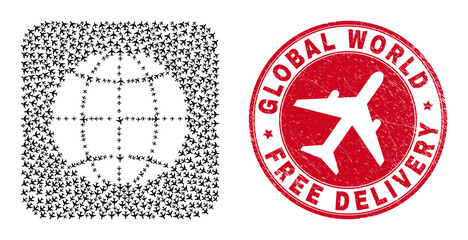 Vector mosaic planet globe of air plane elements and grunge Free Delivery badge. Mosaic geographic planet globe created as subtraction from rounded square shape with flying out airliners.