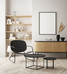 mock up poster frame in modern interior background, living room, Scandinavian style, 3D render, 3D illustration