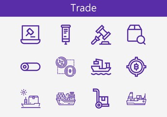 Premium set of trade line icons. Simple trade icon pack. Stroke vector illustration on a white background. Modern outline style icons collection of Cargo, Cargo ship, Roll up, Auction, Bitcoin