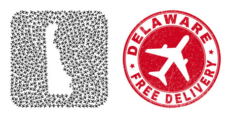 Vector collage Delaware State map of aeroplane items and grunge Free Delivery seal.