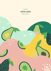 Vector frame with doodle avocado and abstract elements. Hand drawn illustrations.