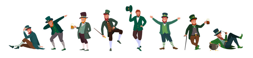 Irish fantastic character leprechaun set in different poses. Saint Patrick's day vector cartoon characters on white background