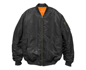 Bomber jacket black color front view on white background