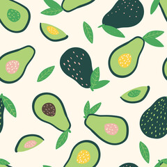 Doodle avocado. Vector seamless pattern. Hand drawn illustrations.