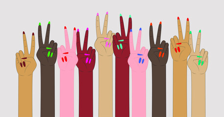 vector of female hands with two raised fingers. flat image of Victoria on female hands. painted female nails. many female hands with victoria