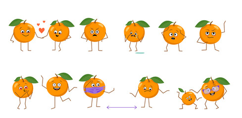 Fototapeta premium Set of cute oranges characters with different emotions