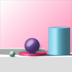3D realistic geometric shapes pastel color product shelf standing backdrop with circle blank pedestal podium display on pink background