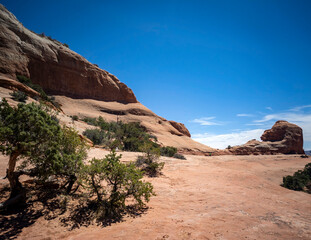 Fototapeta premium Astounding Wilson Arch Trail in a semi desert landscape in Moab Utah during summer