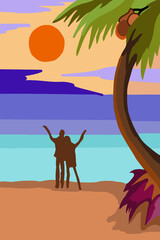 Obraz na płótnie Canvas Summer blue sea, sun light ,warm beach, island landscape, vacation, love holiday, coconut trees, tropical sunset hawaii. Vector illustration