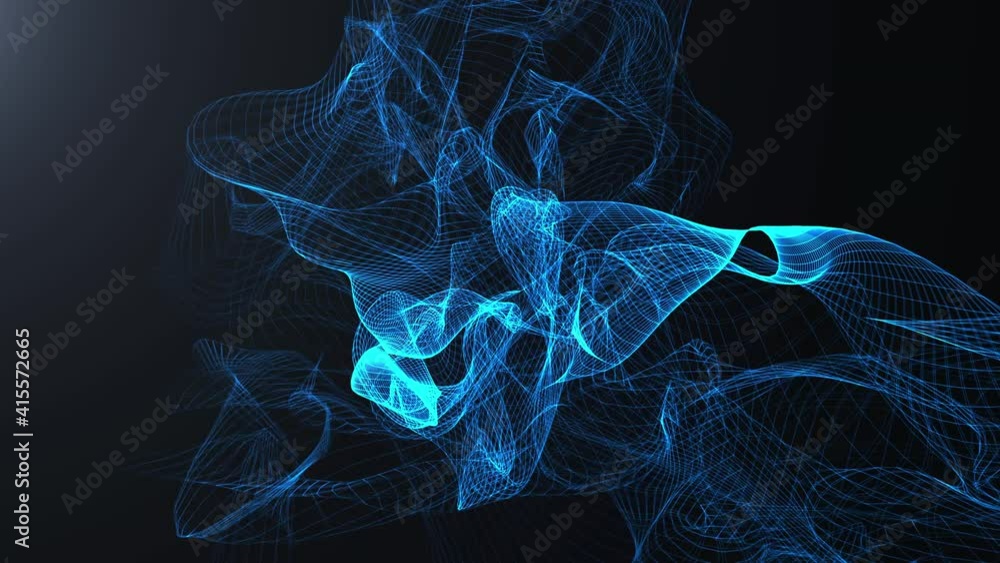 Poster abstract blue mesh transformed floating shape in the space. gas, smoke, fluid morphing in distortion