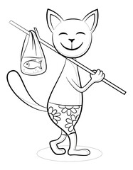 Funny Cartoon Cat with Fish, Black Contours Isolated on White Background. Vector