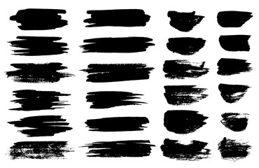 black paint brush spots, highlighter lines or felt-tip pen marker horizontal blobs. Marker pen or brushstrokes and dashes. Ink smudge abstract shape stains and smear set with texture - obrazy, fototapety, plakaty