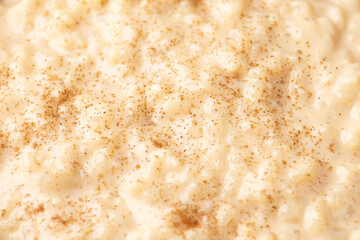Rice pudding with cinnamon and blueberry, raspberry in rustic bowl
