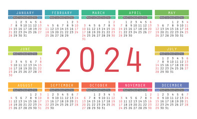 Calendar 2024 year. English colorful vector horizontal wall or pocket calender design template. New year. Week starts on Sunday