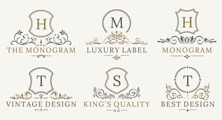 Retro Royal Vintage Shields Logotype set. calligraphyc Luxury logo design elements. Business signs, logos, identity, spa, hotels, badges