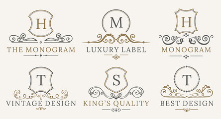 Retro Royal Vintage Shields Logotype set. calligraphyc Luxury logo design elements. Business signs, logos, identity, spa, hotels, badges