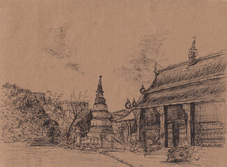 Sketch drawing with Buddhist temple in Chiang Mai, Northern Thailand. Pen ink artwork on paper. Peaceful landscape with ancient Thai architecture. Meditation background, print, card, wall decoration.