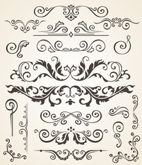 set of Swirl Elements and Corners for design. Calligraphic page decoration, Labels, banners, baroque Frames floral ornaments. Old paper