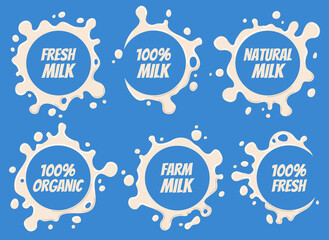 Milk Logo and Labels Designs with Lettering Set. Splashes