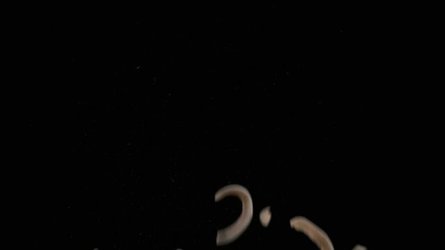 Flying up coconut chips on the black background. Slow motion