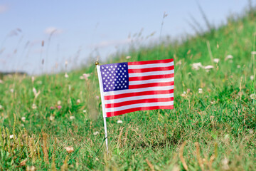 Usa flag on green grass swaying in the wind.
