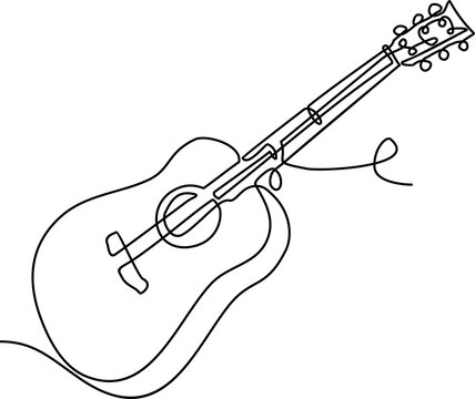 recommend clip art: One line drawing of a musical stringed guitar instrument isolated on white background. Continuous one line drawing of classic guitar