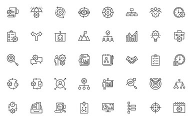 set of business management thin line icons, organization, process, planning, working