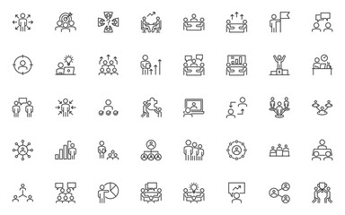 set of business people thin line icons, meeting, team, mangement, human resource