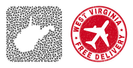 Vector collage West Virginia State map of air force elements and grunge Free Delivery seal stamp.