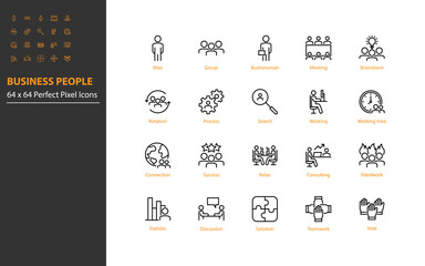 set of business people thin line icons, meeting, team, mangement, human resource