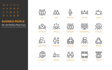 set of business people thin line icons, meeting, team, mangement, human resource