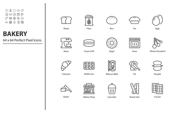 set of bakery thin line icons 64x64px, bread, pastry,