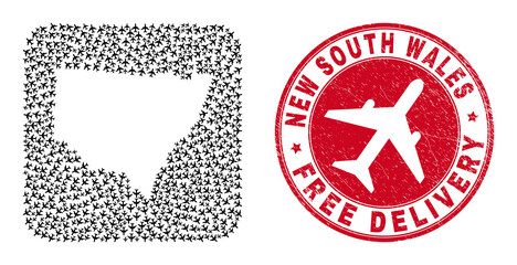 Vector collage New South Wales map of aviation items and grunge Free Delivery badge. Mosaic geographic New South Wales map designed as stencil from rounded square shape with flying away aircraft.