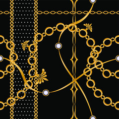Seamless pattern decorated with precious stones, gold chains and pearls.	