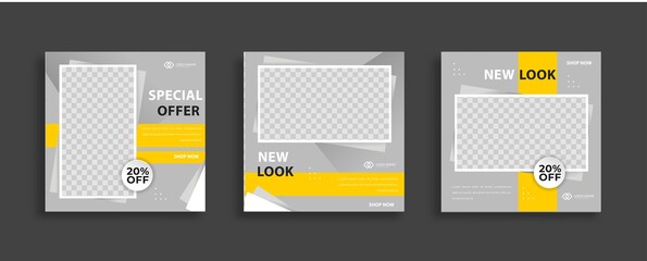 Fototapeta na wymiar Set of Editable minimal square banner template. Yellow white grey background color with geometric shapes for social media post and web internet ads. Vector illustration